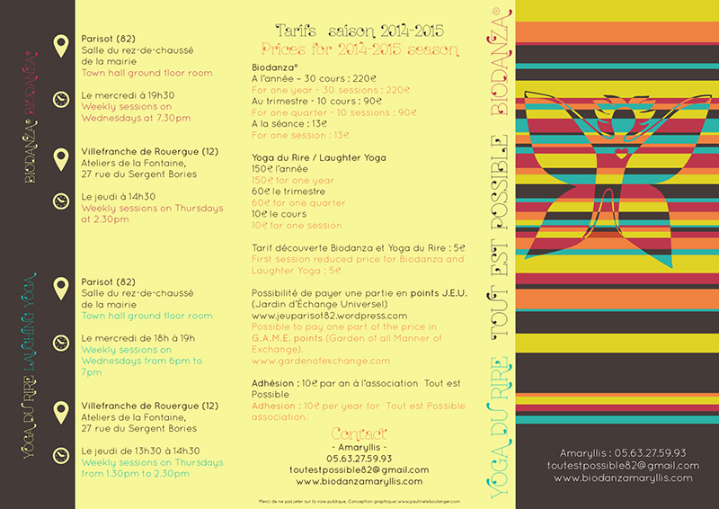 Plaquette Biodanza et Yoga du rire - tarifs, Lieux, horaires